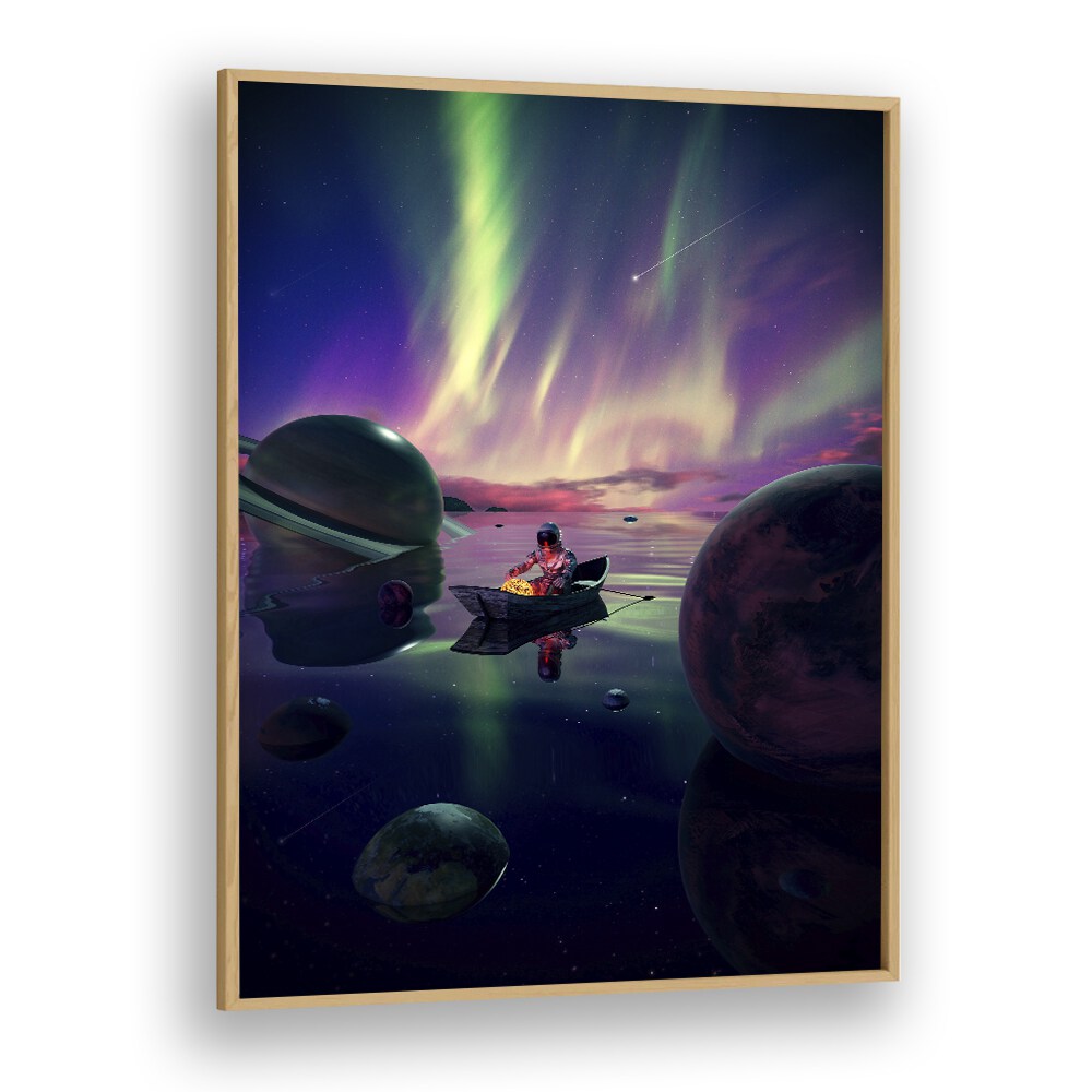 Star Collector By Francis Minoza Astronaut & Nasa Paintings, Space Art Prints Artwork in Oak Wood Plain Frame
