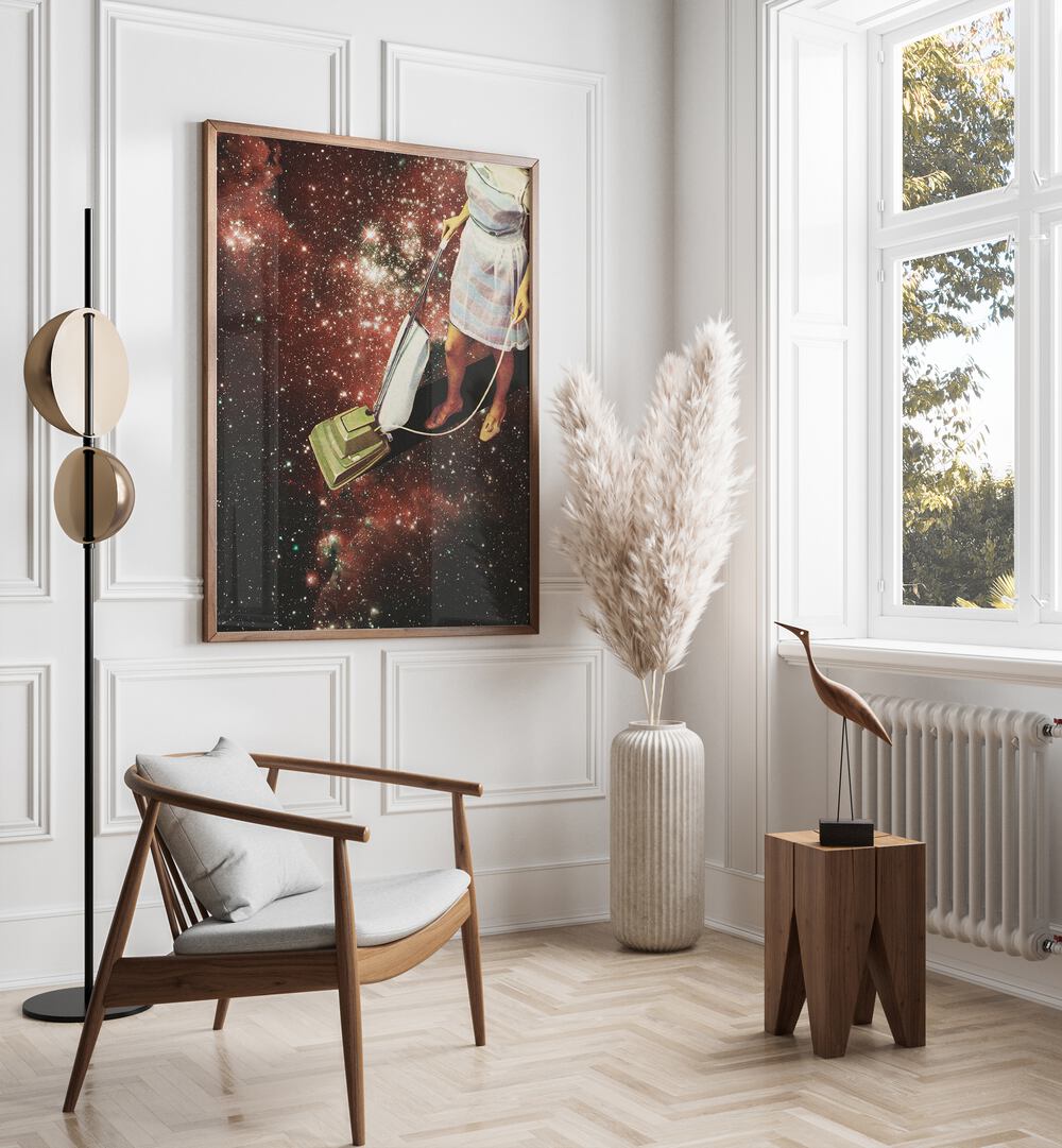 Star Dust Surreal Art Painting Artwork in plain oakwood frame on white wall beside a window