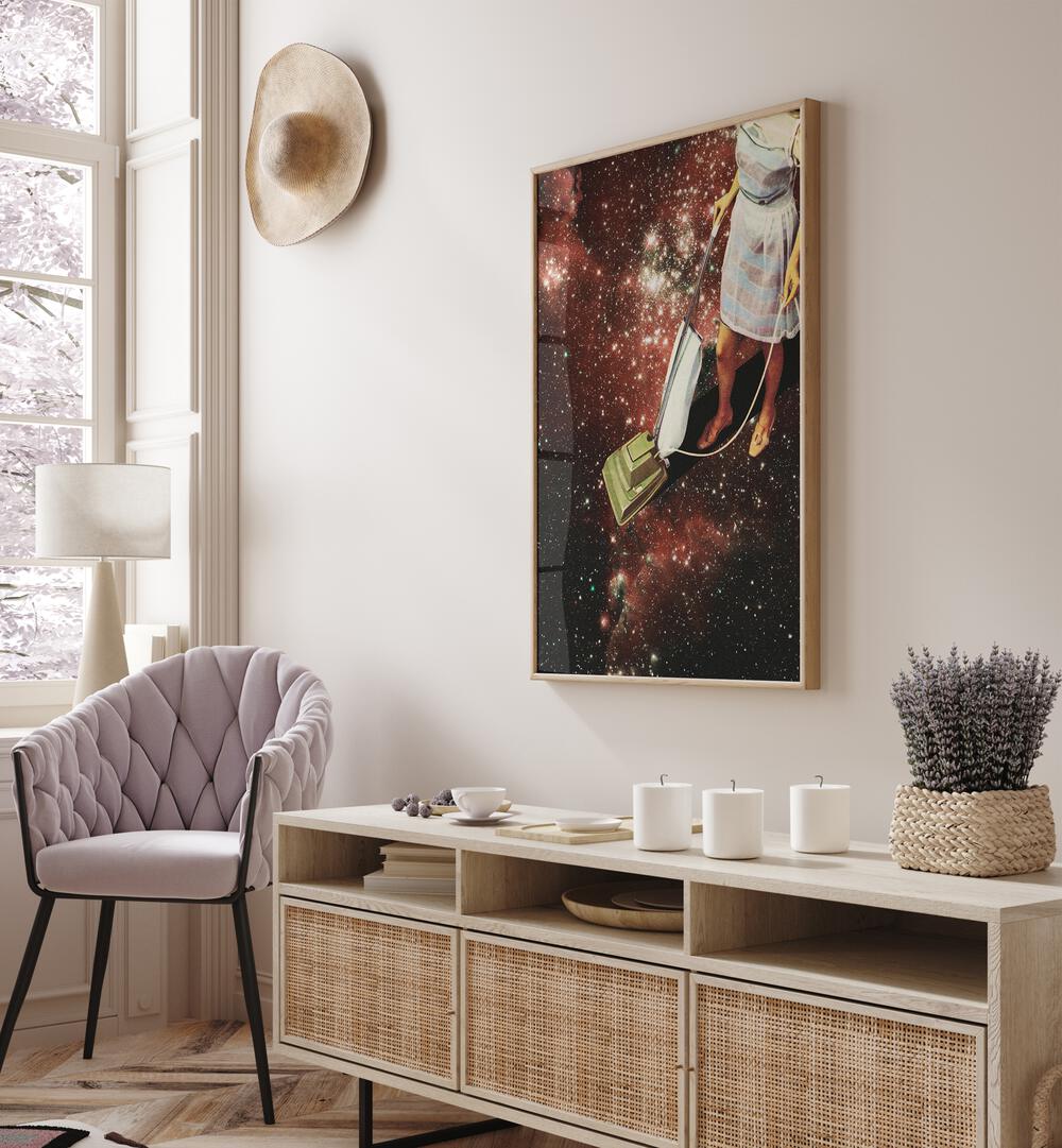 Star Dust Surreal Art Painting Artwork in plain oakwood frame above a console table beside a window 