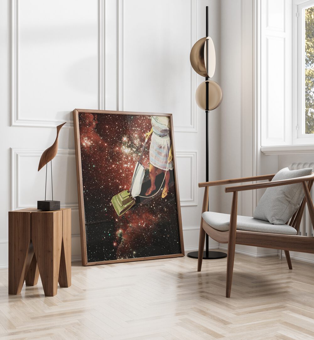 Star Dust Surreal Art Painting Artwork in plain dark wood frame on a wooden floor beside a window 