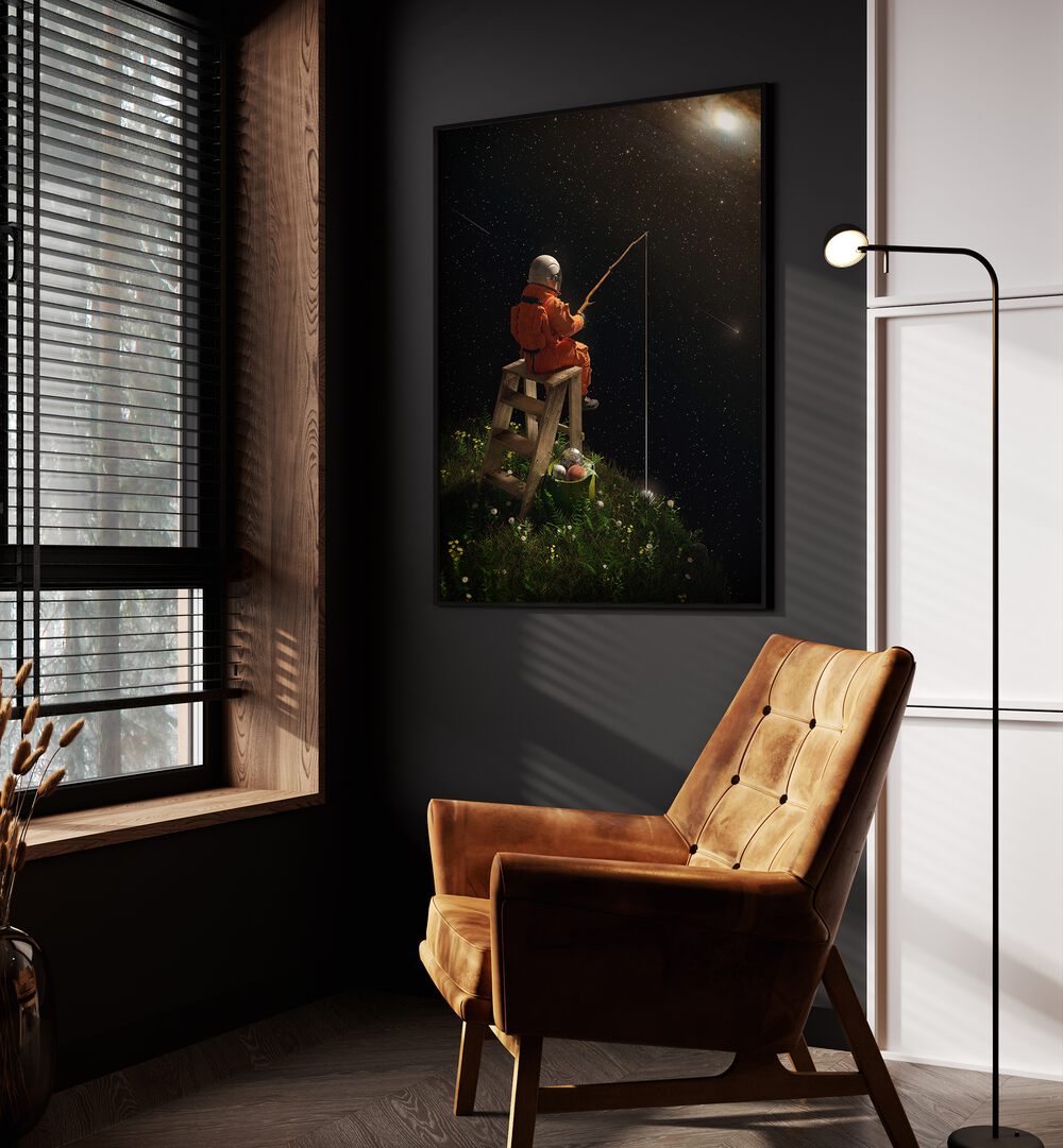 Star Fishing By Francis Minoza Astronaut & Nasa Paintings, Space Art Prints Artwork in Black Plain Frame placed on a Dark Grey Wall in the Drawing Room