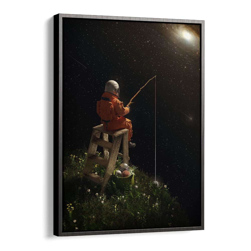 Star Fishing By Francis Minoza Astronaut & Nasa Paintings, Space Art Prints Artwork in Black Floater Frame
