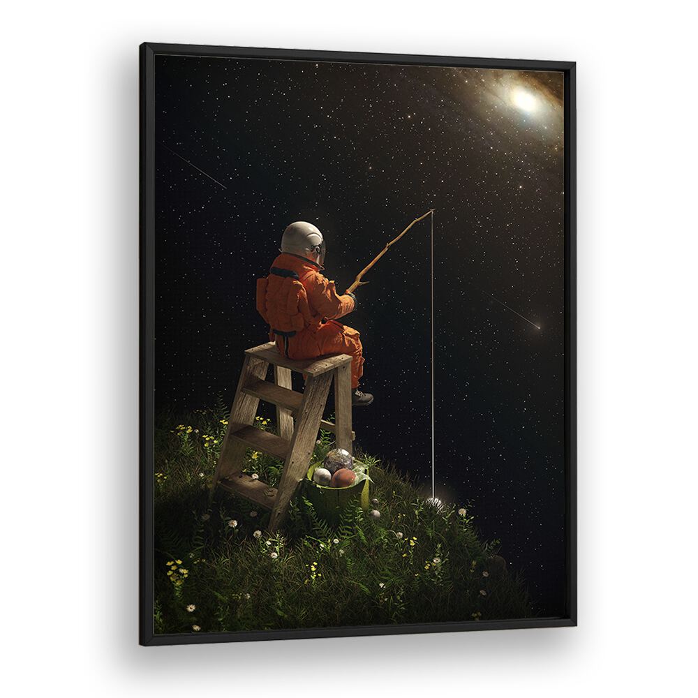 Star Fishing By Francis Minoza Astronaut & Nasa Paintings, Space Art Prints Artwork in Black Plain Frame
