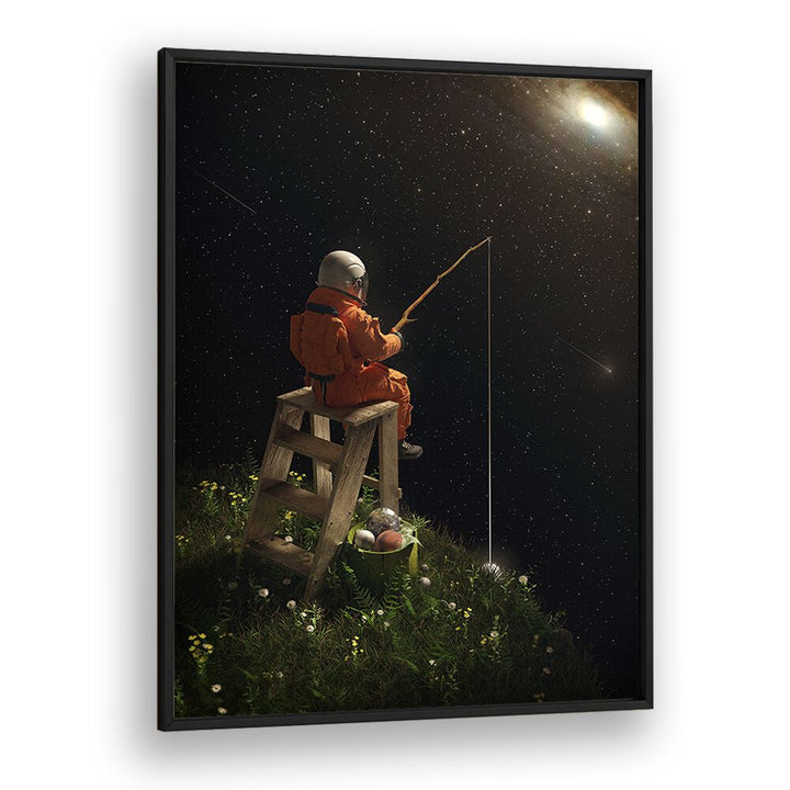 Star Fishing By Francis Minoza Astronaut & Nasa Paintings, Space Art Prints Artwork in Black Plain Frame
