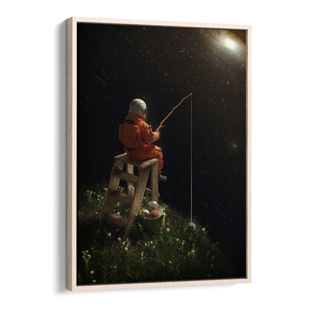 Star Fishing By Francis Minoza Astronaut & Nasa Paintings, Space Art Prints Artwork in Oak Wood Floater Frame
