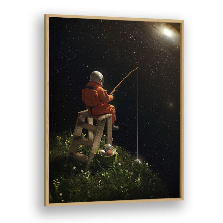 Star Fishing By Francis Minoza Astronaut & Nasa Paintings, Space Art Prints Artwork in Oak Wood Plain Frame
