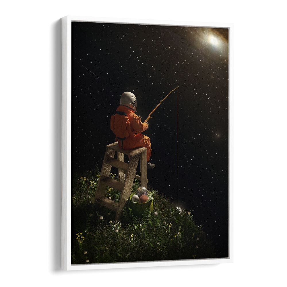 Star Fishing By Francis Minoza Astronaut & Nasa Paintings, Space Art Prints Artwork in White Floater Frame
