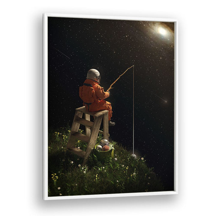 Star Fishing By Francis Minoza Astronaut & Nasa Paintings, Space Art Prints Artwork in White Plain Frame
