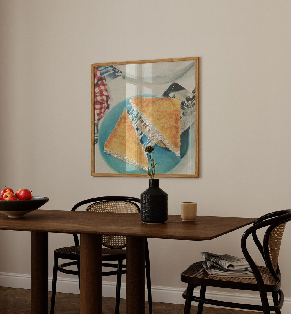 Starry Sandwich Surreal Art Painting Artwork 
in plain oakwood frame behind dinning table for dinning area