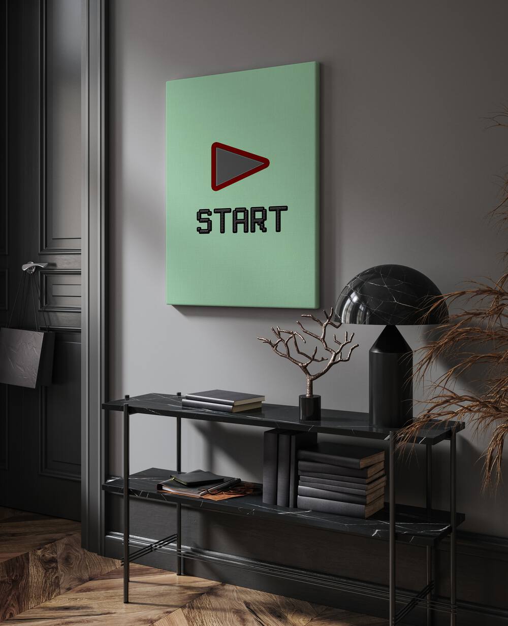 Start Gaming Gaming Art Painting Artwork in gallery wrap above a black table beside a door