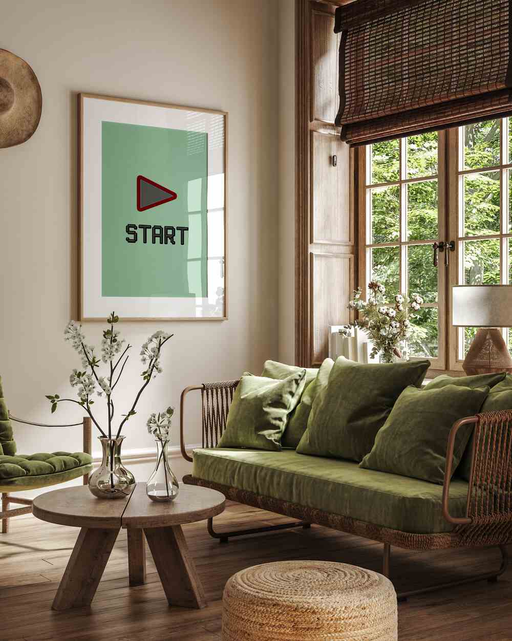 Start Gaming Gaming Art Painting Artwork in oakwood frame with mount beside a sofa next to a window