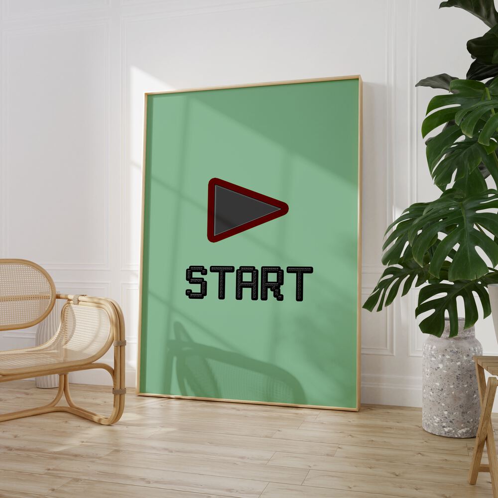 Start Gaming Gaming Art Painting Artwork in plain oakwood frame beside a chair