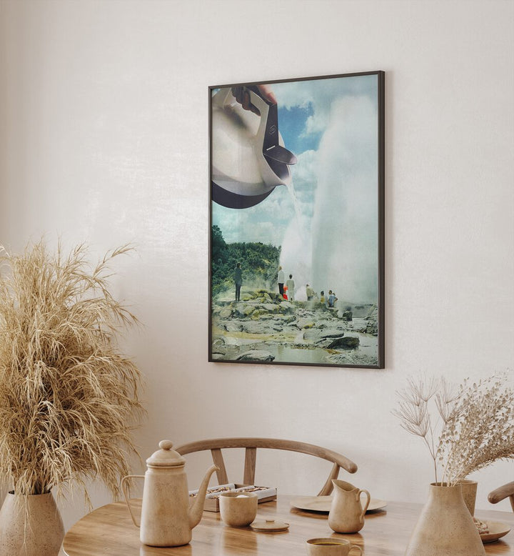 Steam Funk Surreal Art Painting Artwork in plain black frame behind a dining table on a white wall