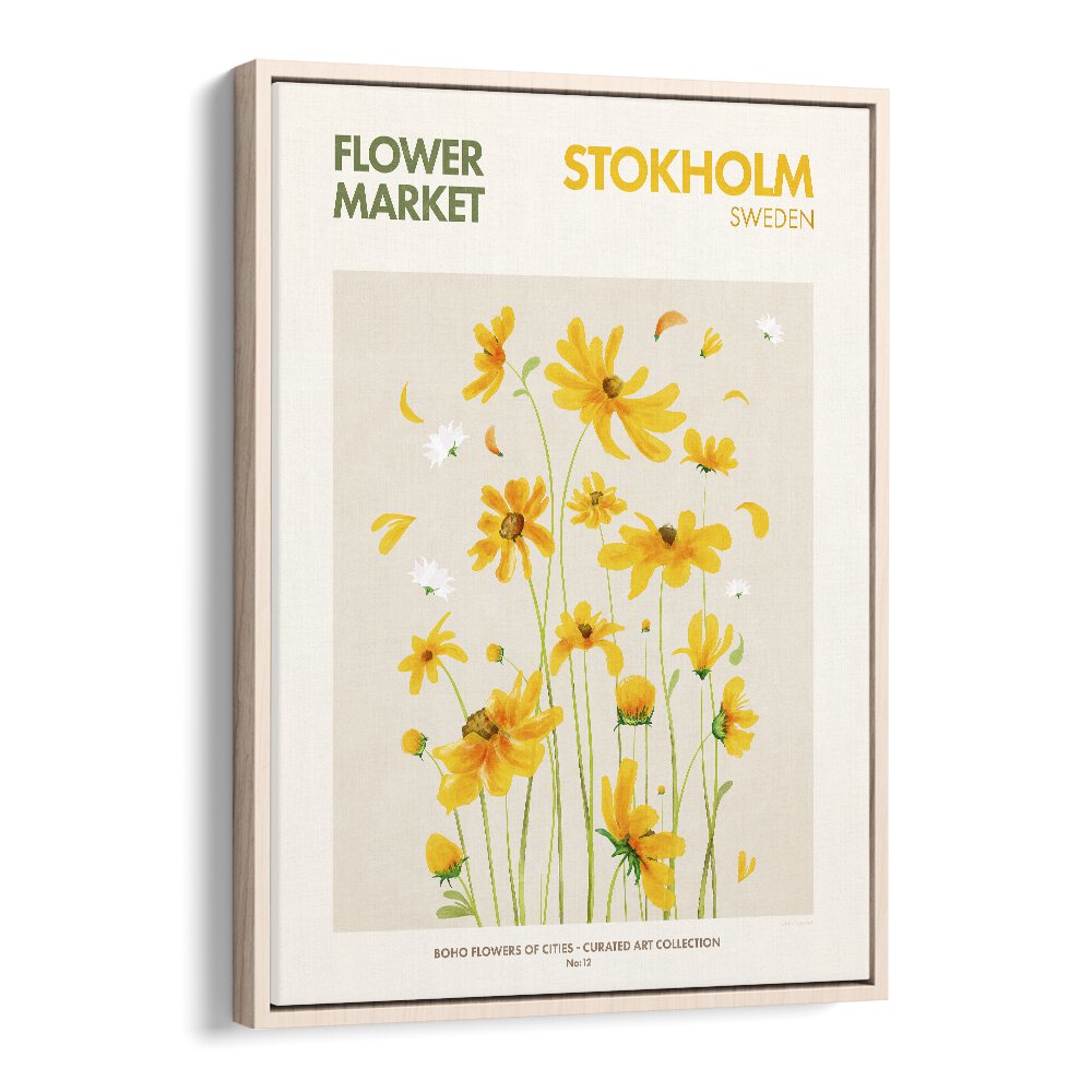 Stokholm-Flower Market   Botanical Flower Paintings Artwork in Oak Wood Floater Frame