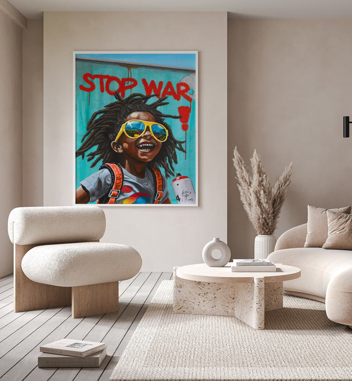 Stop War By Christian Beijer African Art Placed on a wall In A Living Room 