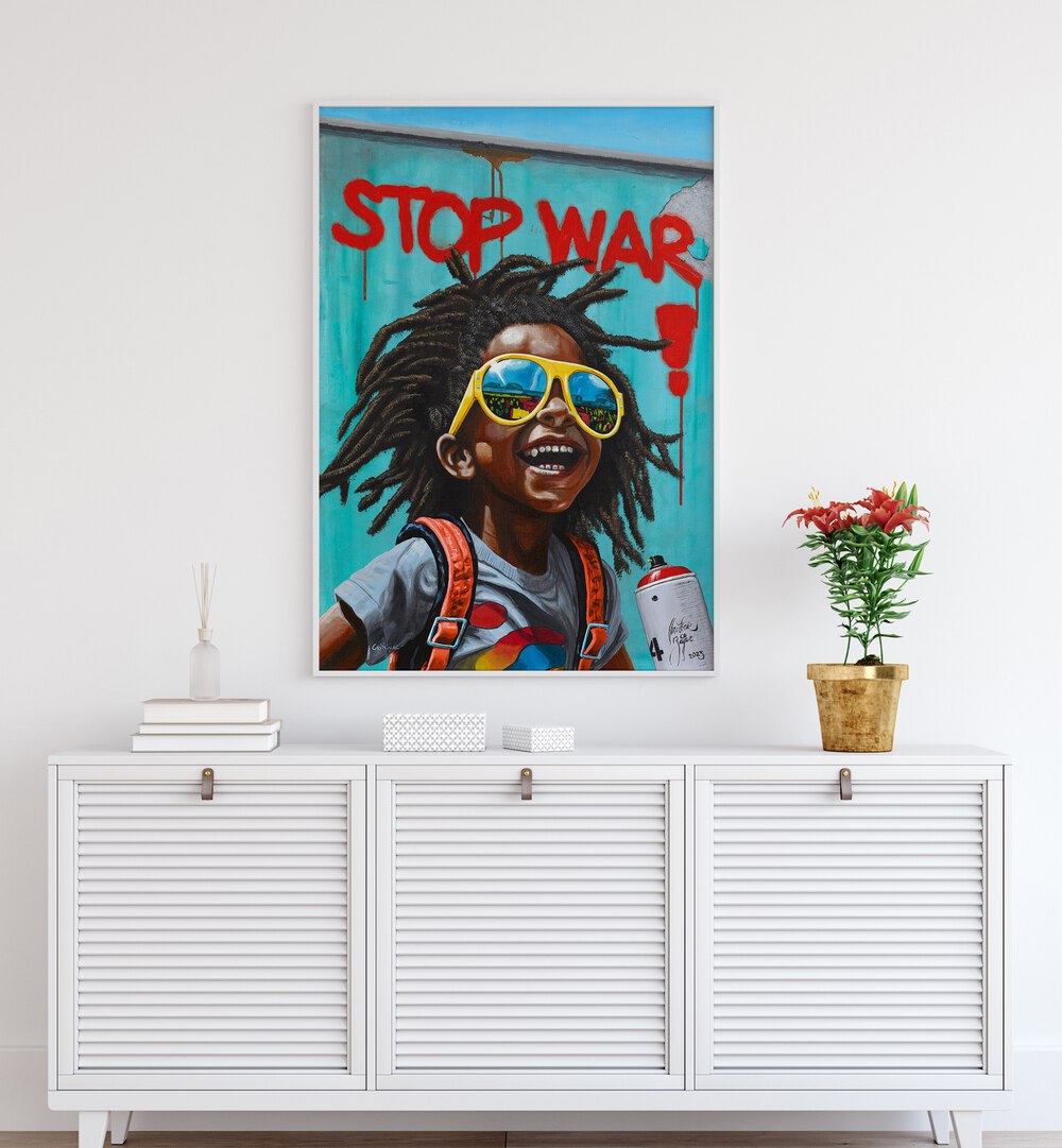 Stop War By Christian Beijer African Art Placed on a wall In A Living Room 