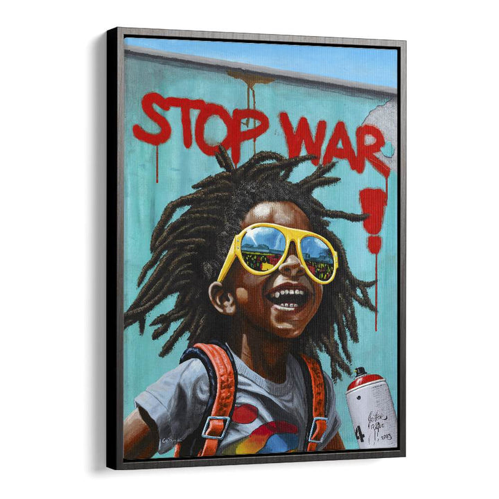 Stop War By Christian Beijer African Art in Black Floater Frame
