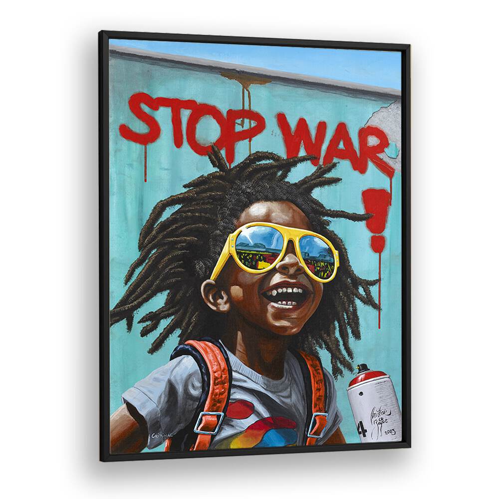 Stop War By Christian Beijer African Art in Black Plain Frame
