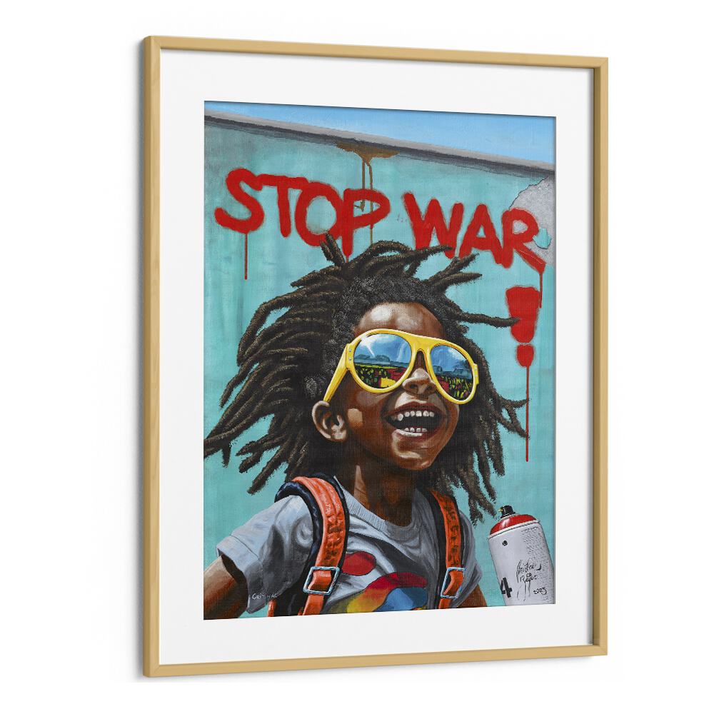 Stop War By Christian Beijer African Art in Oak Wood Frame With Mount
