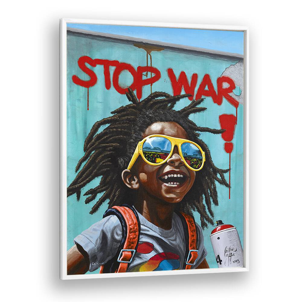 Stop War By Christian Beijer African Art in White Plain Frame
