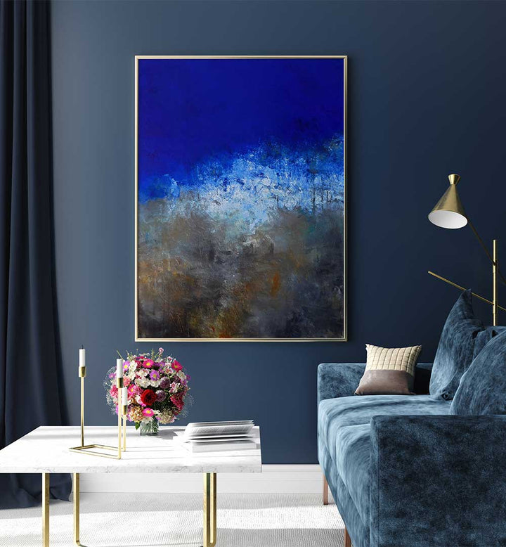 Vibrant STORM AT SEA, ABSTRACT PAINTINGS artwork displayed in a chic living room, highlighting oceanic energy and colors.
