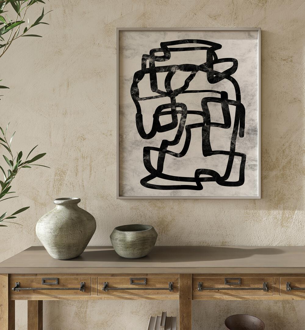Enhance your space with STORYLINE, ABSTRACT PAINTINGS, featuring captivating black lines on a textured background.
