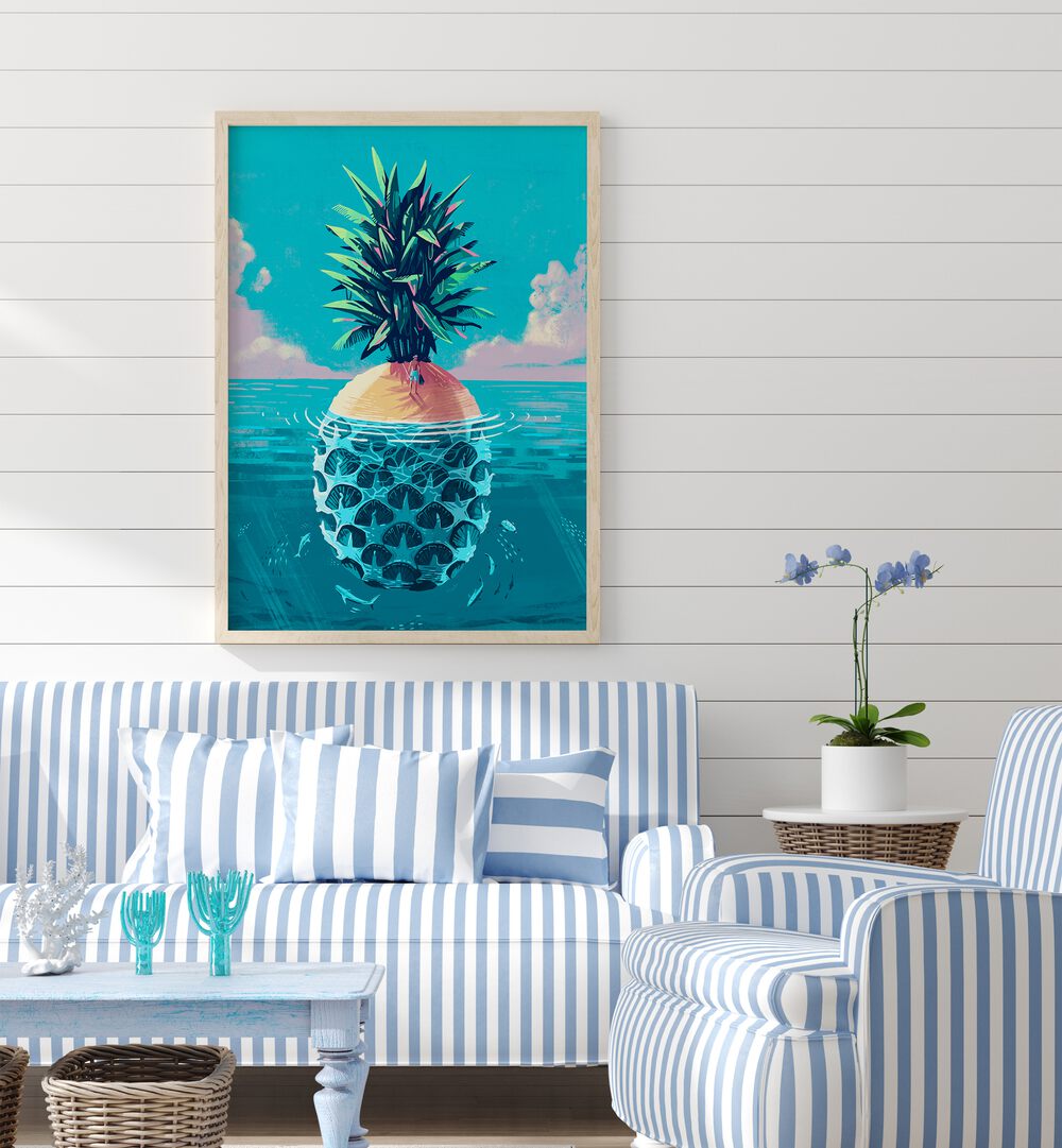 Vibrant beach painting featuring a pineapple island, perfect for fans of STRANDED ON PINEAPPLE ISLAND, BEACH PAINTINGS.