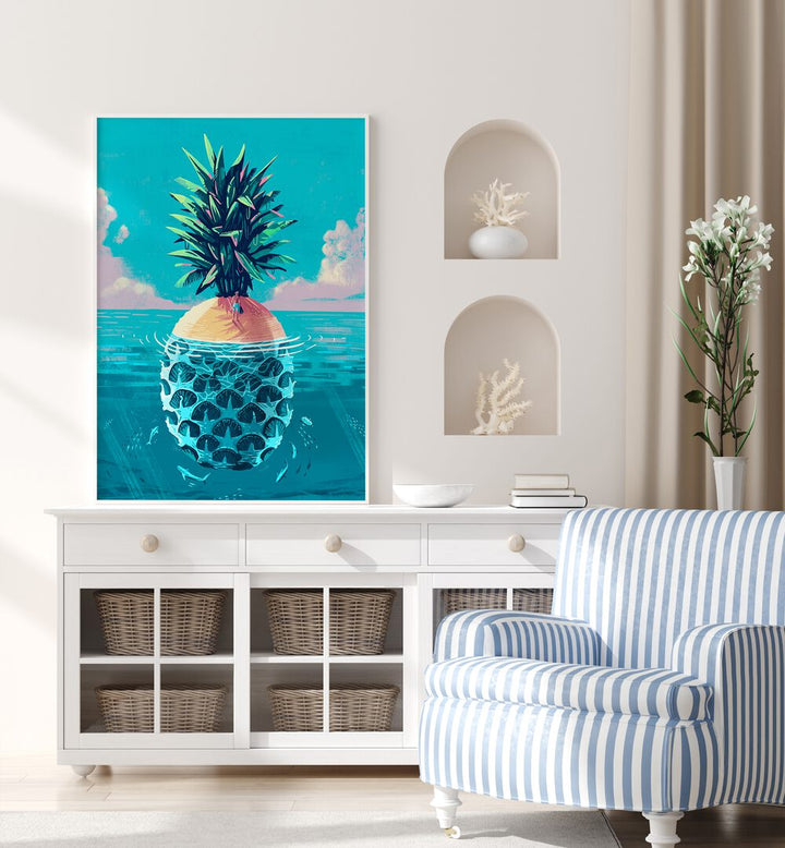 Bright beach painting of a pineapple island, perfect for lovers of STRANDED ON PINEAPPLE ISLAND, BEACH PAINTINGS.