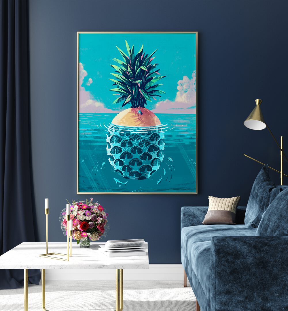 Vibrant art featuring a pineapple island, perfect for fans of STRANDED ON PINEAPPLE ISLAND, BEACH PAINTINGS.