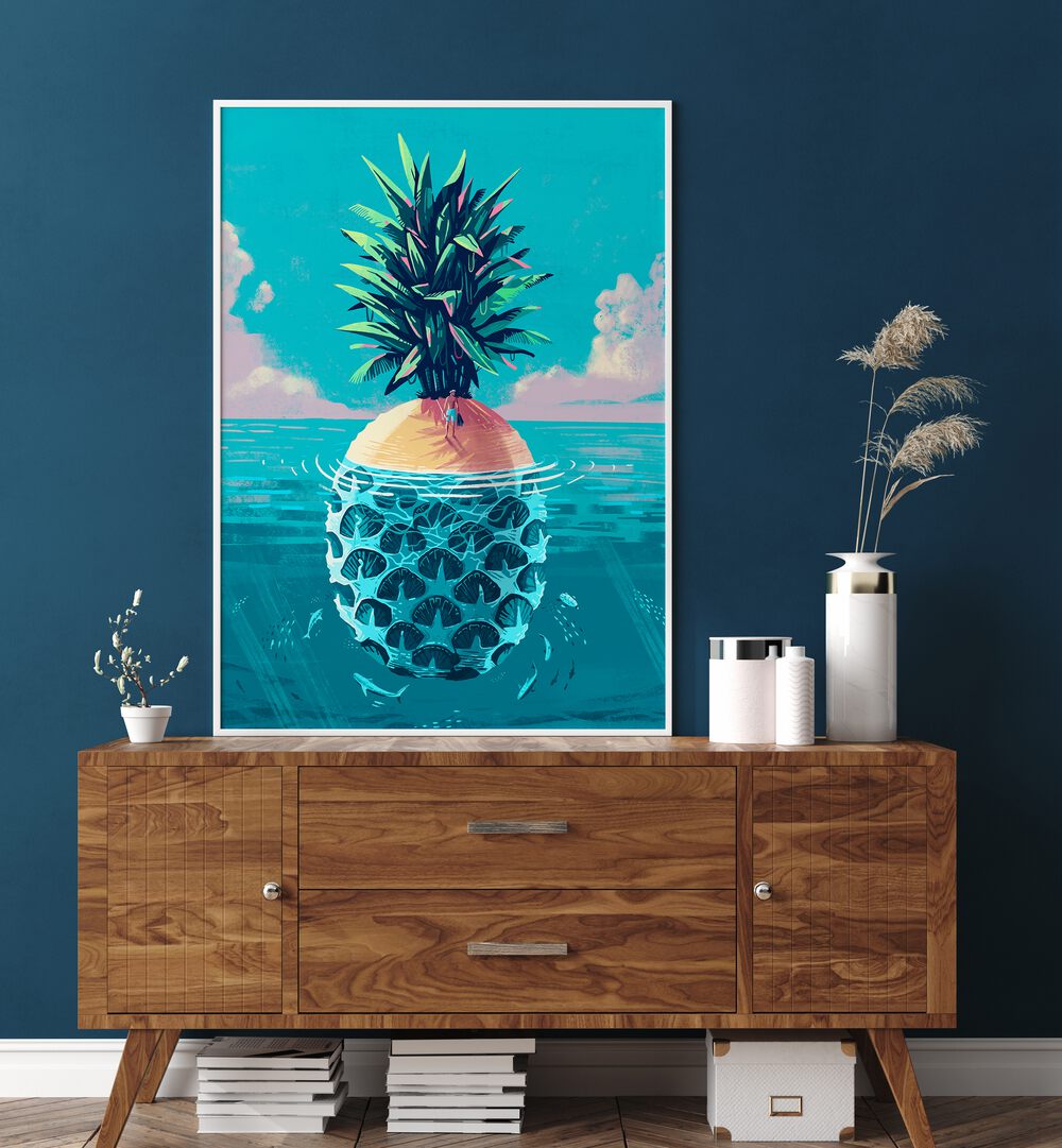 Vibrant STRANDED ON PINEAPPLE ISLAND, BEACH PAINTINGS artwork featuring a pineapple oasis, perfect for tropical decor.