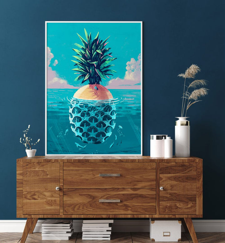 Vibrant STRANDED ON PINEAPPLE ISLAND, BEACH PAINTINGS artwork featuring a pineapple oasis, perfect for tropical decor.