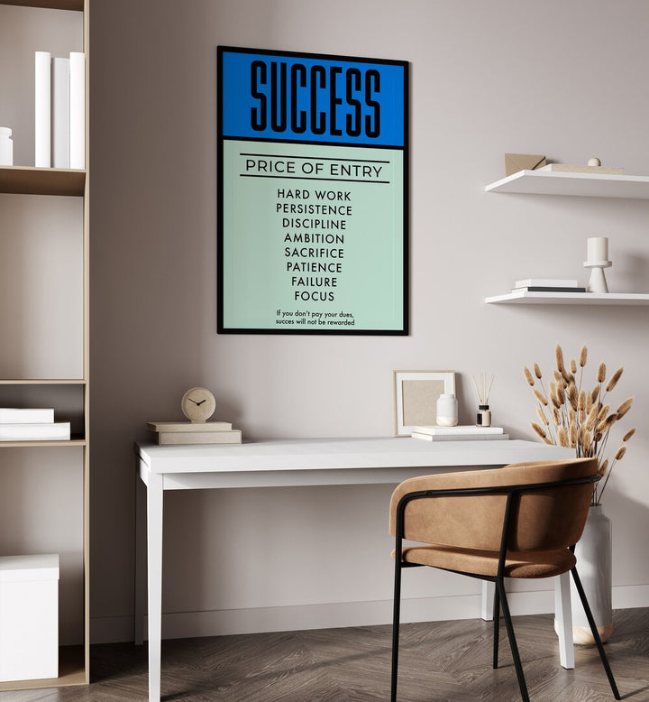 Success Money Art Artwork in plain black frame hanging on wall above study desk