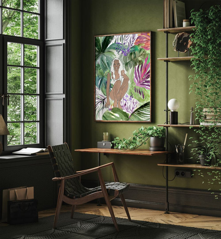 Elegant interior featuring SUDDEN SHIFT, PORTRAITS artwork, blending bold artistry with lush greenery for a vibrant look.