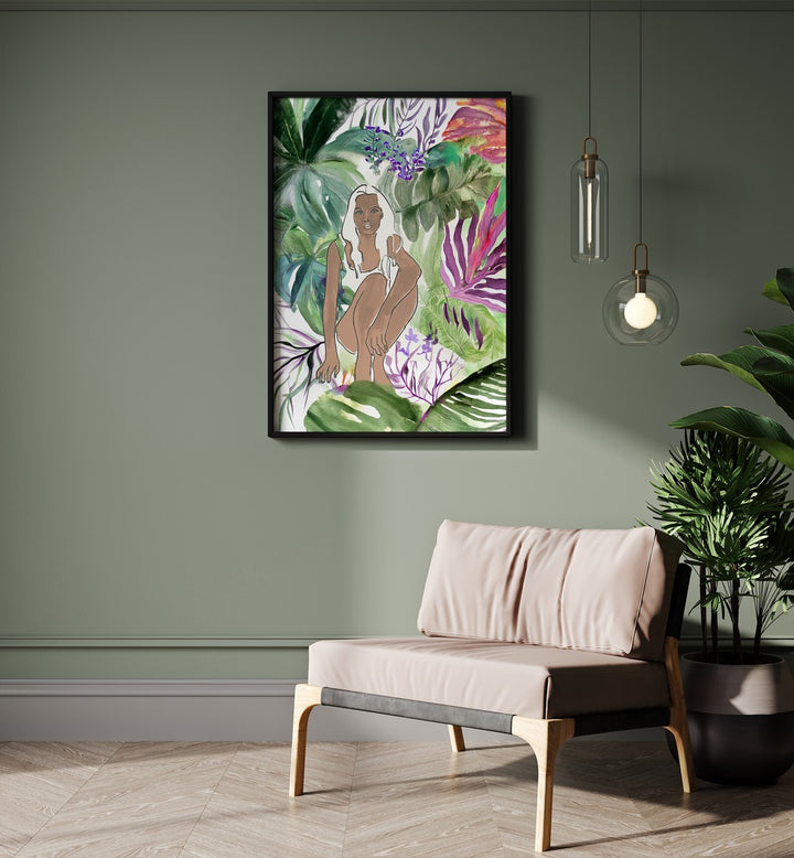 Elegant SUDDEN SHIFT, PORTRAITS artwork featuring a seated figure amidst vibrant foliage, perfect for modern decor.
