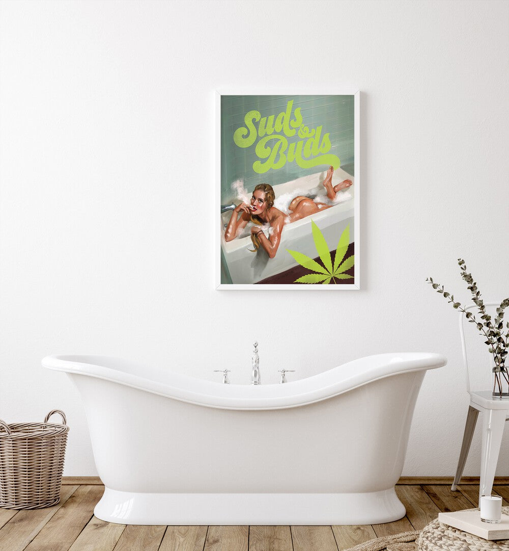 SUDS BUDS SEXY GIRL SMOKING CANNABIS JOINT IN BATH , PORTRAITS & FIGURATIVE ILLUSTRATIONS