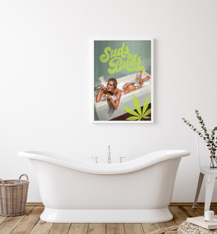 SUDS BUDS SEXY GIRL SMOKING CANNABIS JOINT IN BATH , PORTRAITS & FIGURATIVE ILLUSTRATIONS