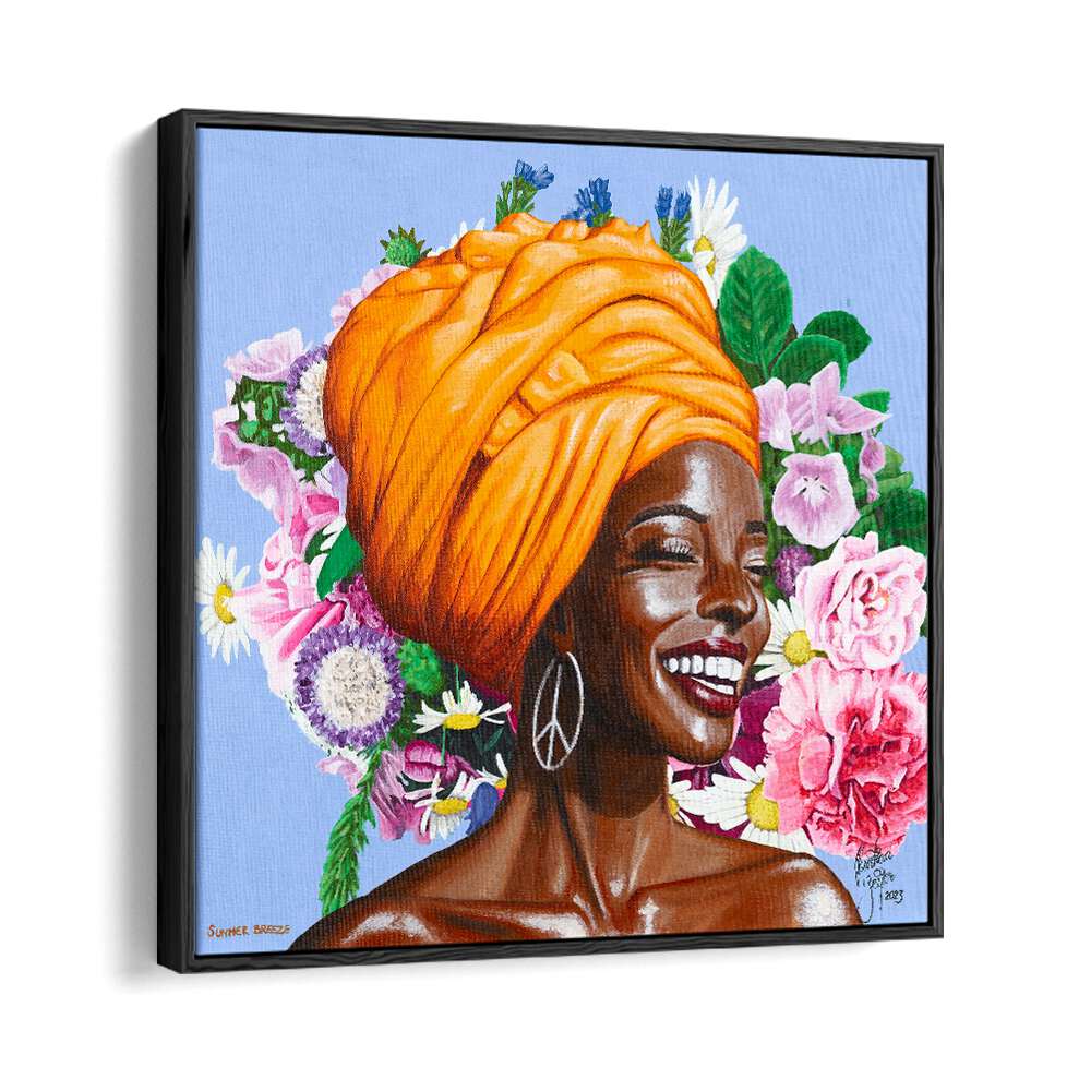 Summer Breeze  By Christian Beijer African Woman Painting Art in Black Floater Frame