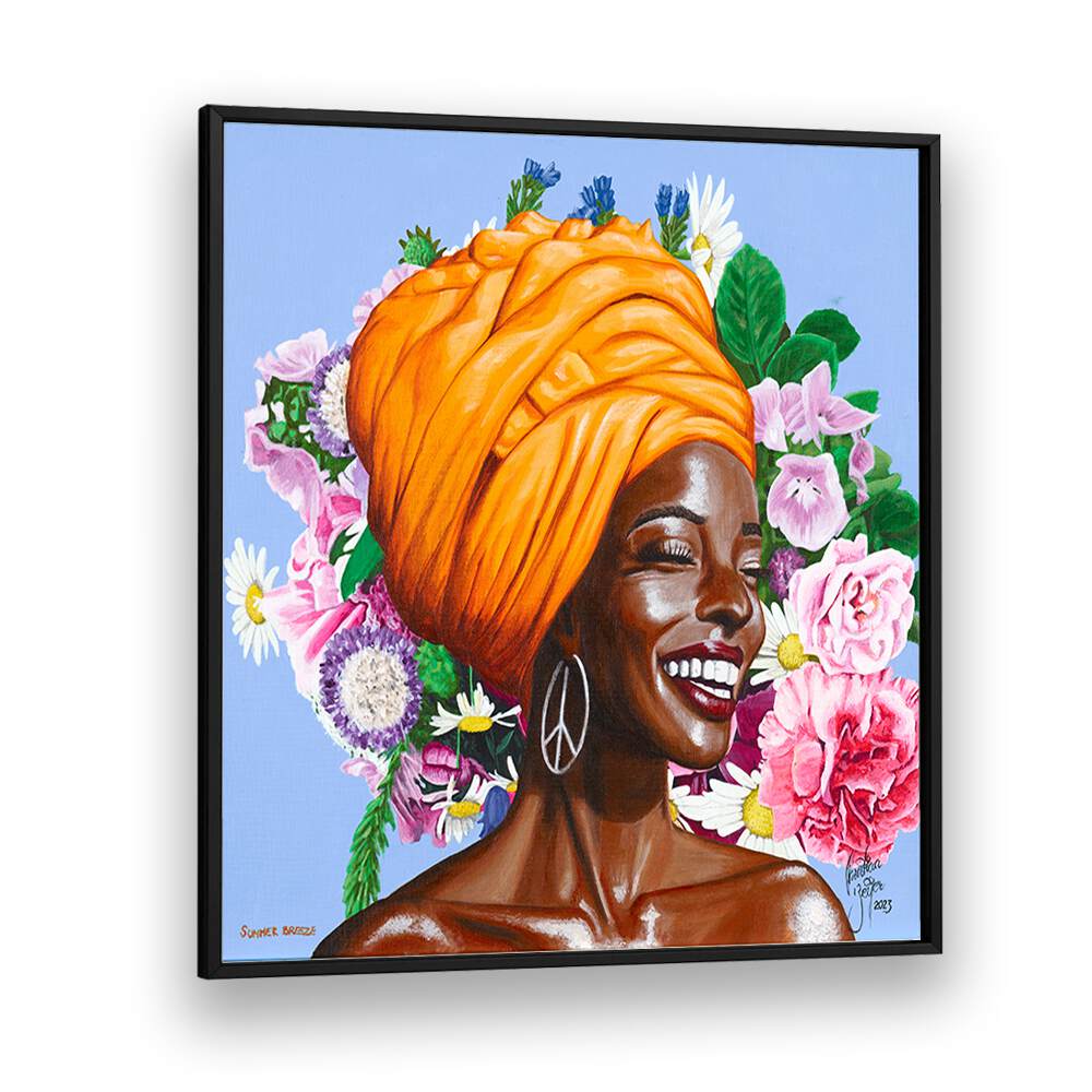 Summer Breeze  By Christian Beijer African Woman Painting Art in Black Plain Frame