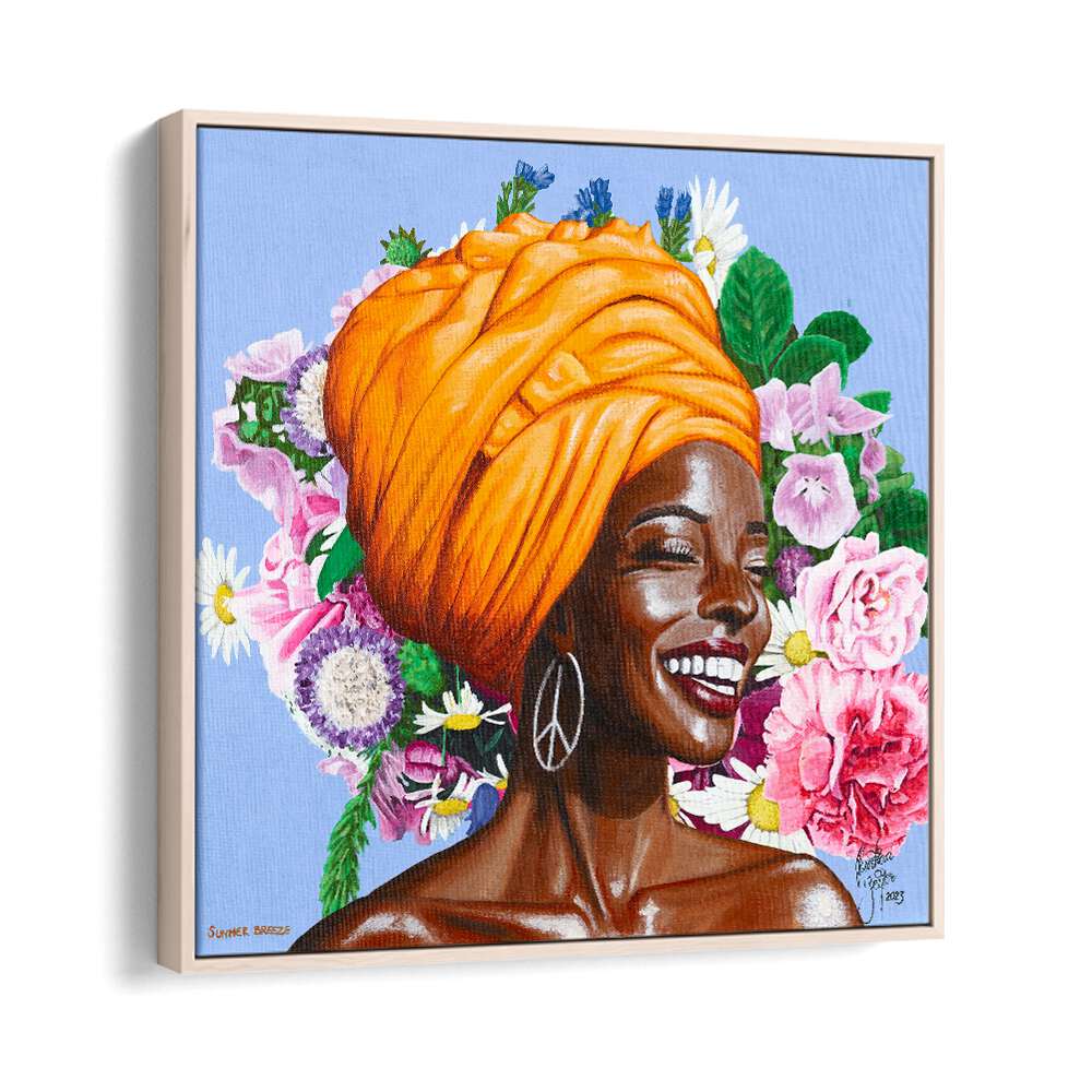 Summer Breeze  By Christian Beijer African Woman Painting Art  in Oak Wood Floater Frame
