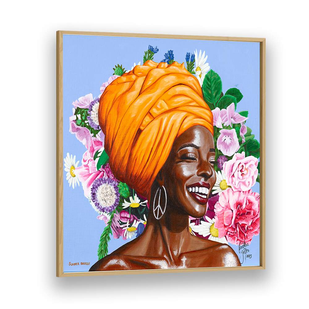 Summer Breeze  By Christian Beijer African Woman Painting Art  in Oak Wood Plain Frame