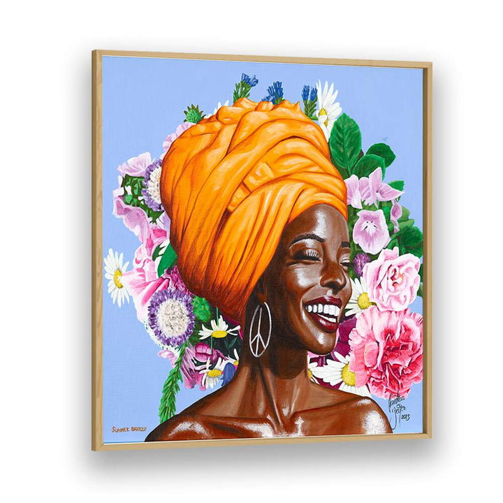 Summer Breeze  By Christian Beijer African Woman Painting Art  in Oak Wood Plain Frame