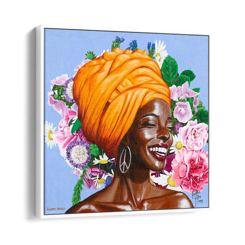 Summer Breeze  By Christian Beijer African Woman Painting Art in White floater Frame  