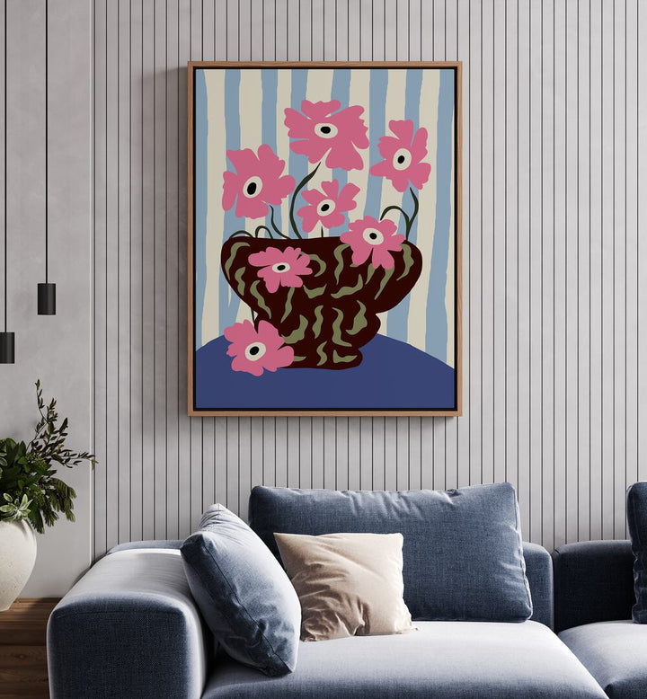 Summer Stripe And Pink Flowers, Botanical Art Paintings Artwork in Oak Wood Floater Frame placed on a White Stripped Wall
near a Blue Sofa
in the Living Room
