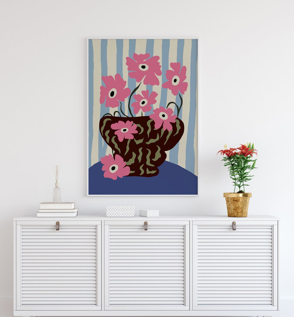 Summer Stripe And Pink Flowers, Botanical Art Paintings Artwork in White Plain Frame
placed on a White Colored Wall
placed above a Console Table
in the Drawing Room
