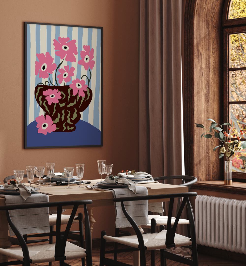 Summer Stripe And Pink Flowers, Botanical Art Paintings Artwork in Black Plain Frame
placed on a Brown Colored Wall
near a Dining Table
in the Dining Room
