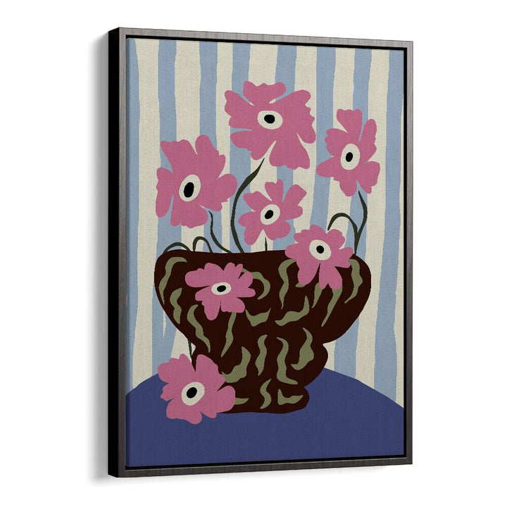 Summer Stripe And Pink Flowers, Botanical Art Paintings Artwork in Black Floater Frame
