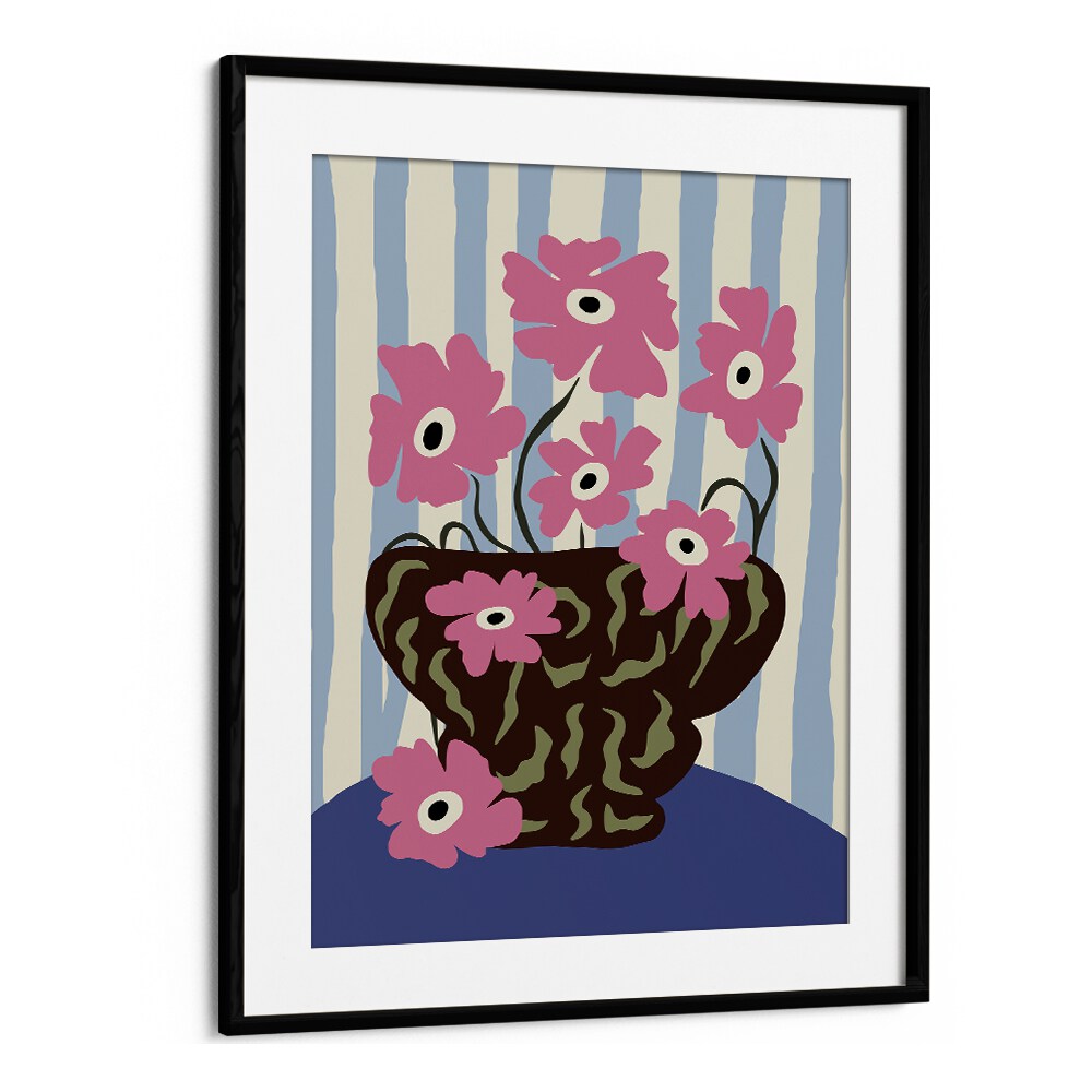 Summer Stripe And Pink Flowers, Botanical Art Paintings Artwork in Black Frame With Mount
