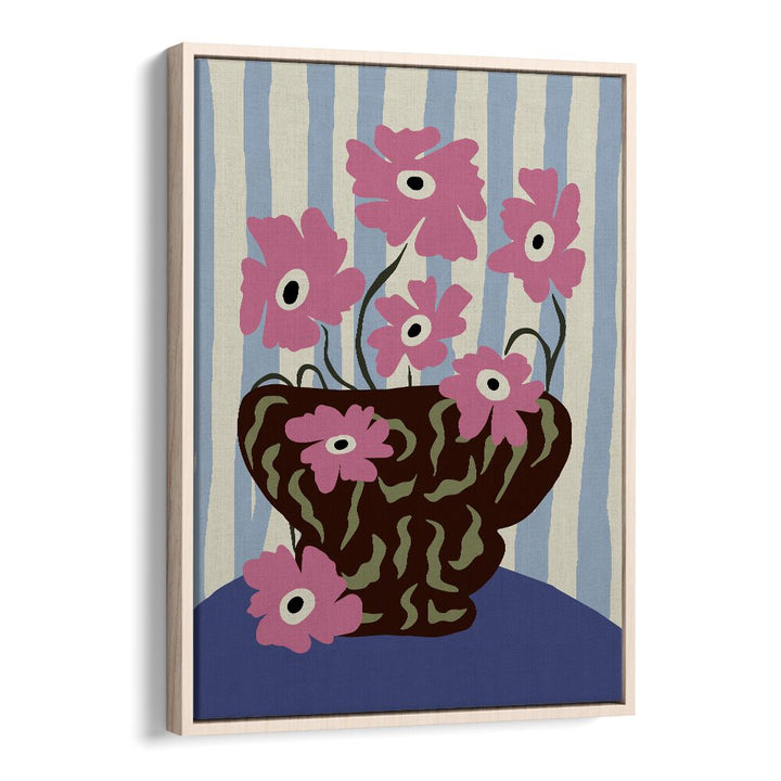 Summer Stripe And Pink Flowers, Botanical Art Paintings Artwork in Oak Wood Floater Frame
