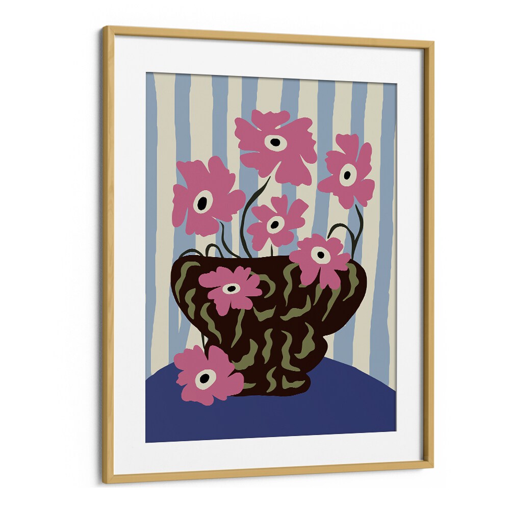 Summer Stripe And Pink Flowers, Botanical Art Paintings Artwork in Oak Wood Frame With Mount
