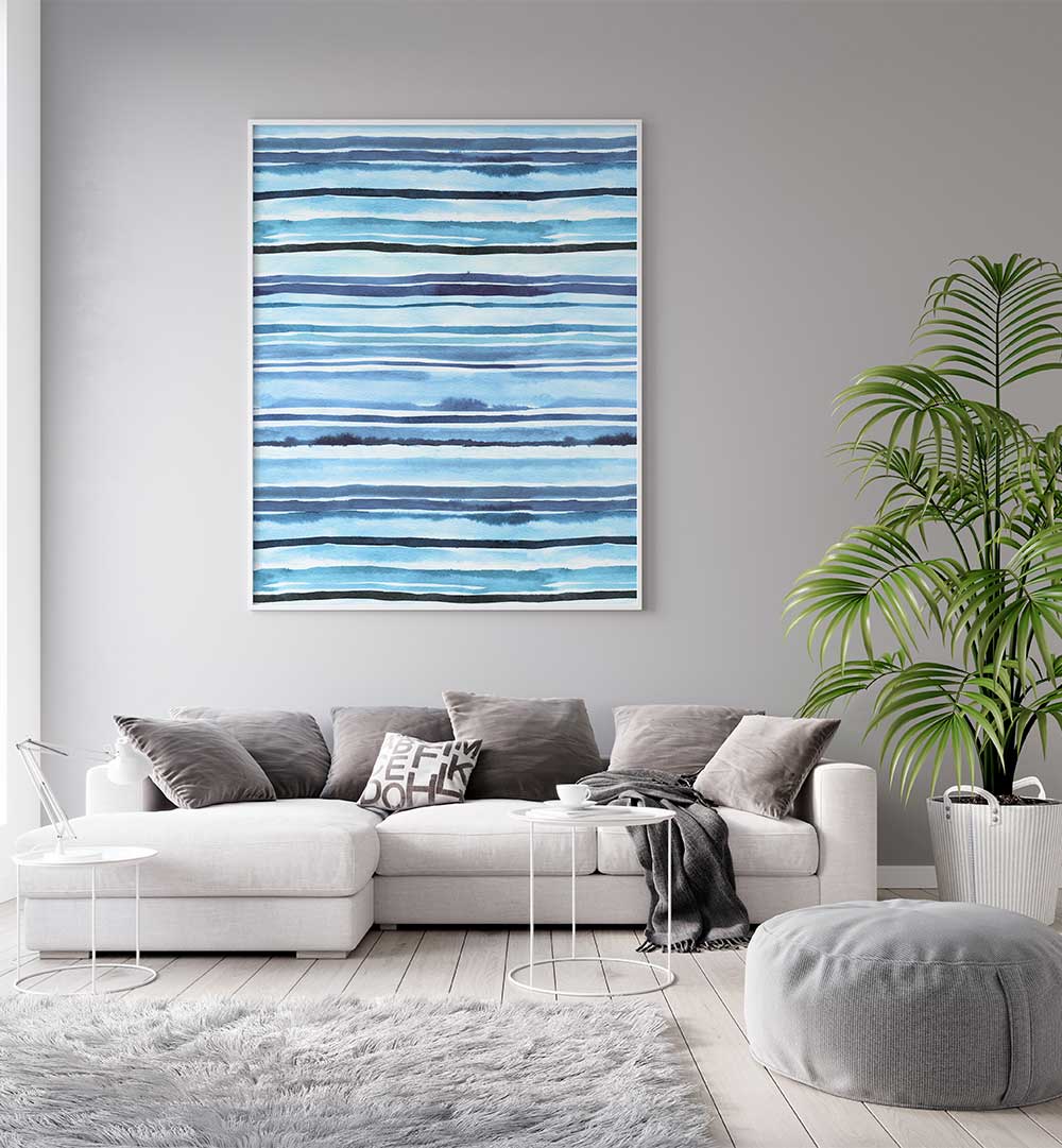 SUMMER WATERCOLOUR STRIPES BLUE SEA , ABSTRACT PAINTINGS